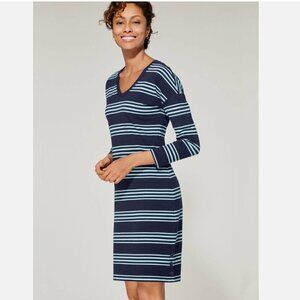 T By Talbots Terry Cotton Shift Dress Navy Stripe Button-Hem V-Neck